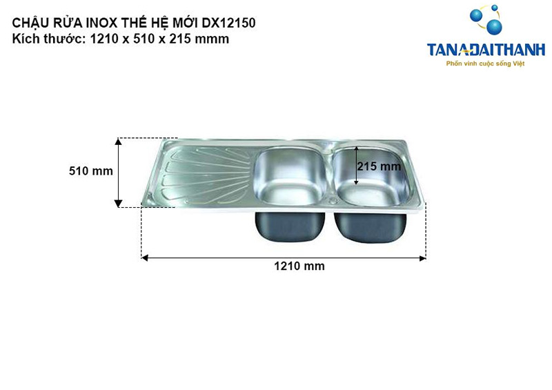 Kích thước của chậu rửa Inox thế hệ mới DX12150